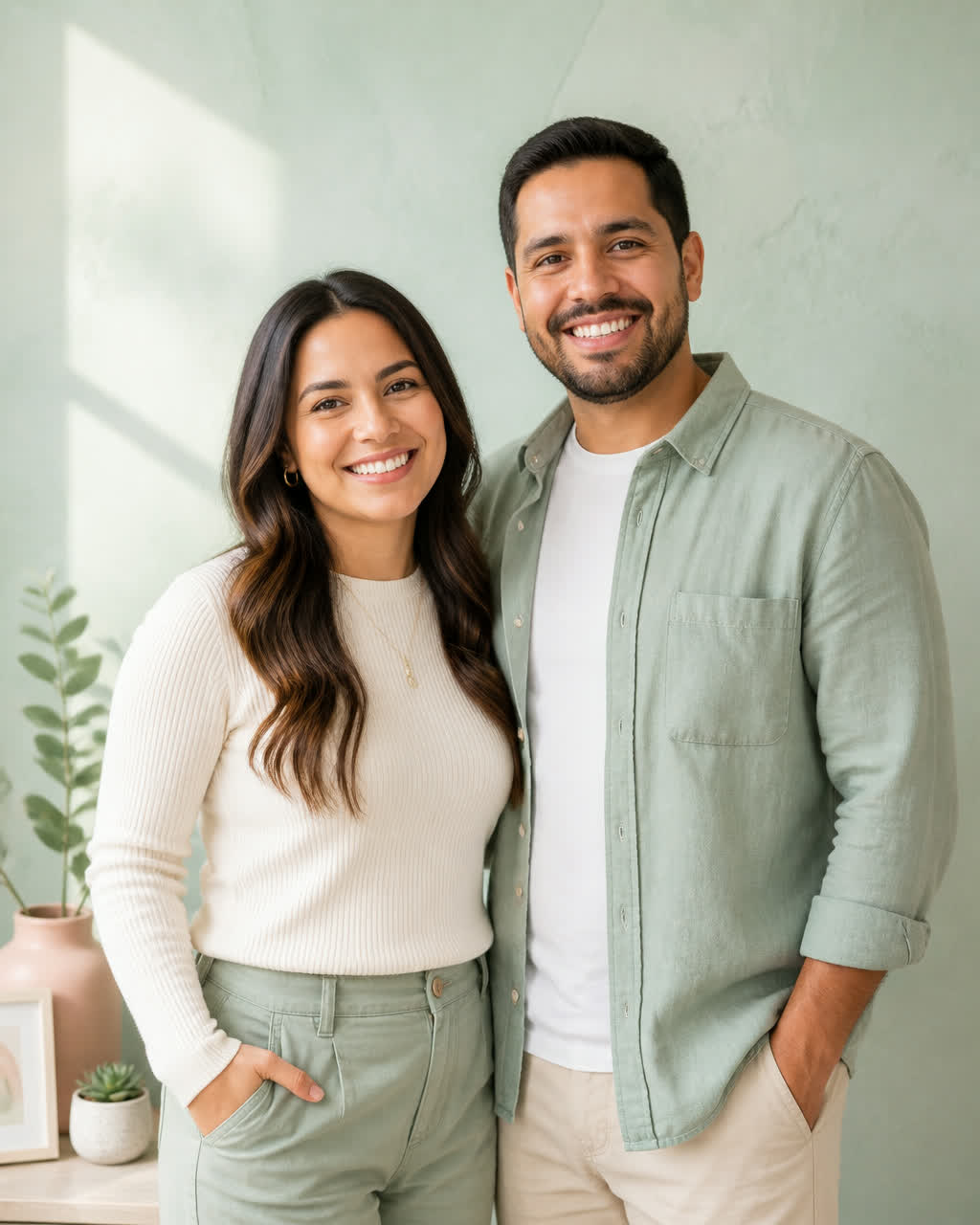 A smiling Latino couple standing together in soft natural light against a pale mint wall
